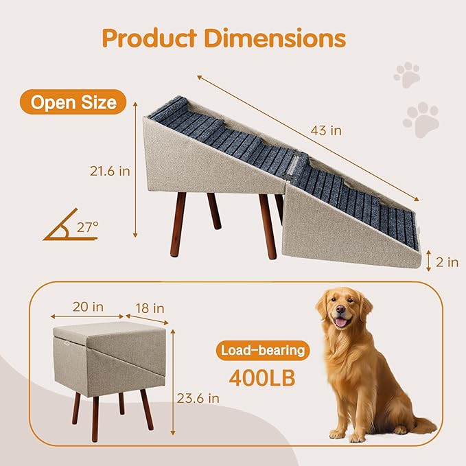 2-in-1 Dog Stairs for Bed and Couch, 21.6 Inch High,Foldable Ottoman with 6 Steps, Joint Relief for Small and Large Dogs (Beige H 21.6")