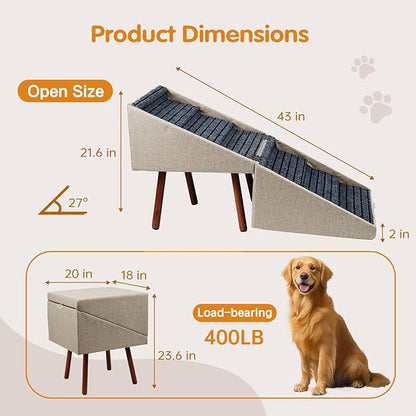 2-in-1 Dog Stairs for Bed and Couch, 21.6 Inch High,Foldable Ottoman with 6 Steps, Joint Relief for Small and Large Dogs (Beige H 21.6")