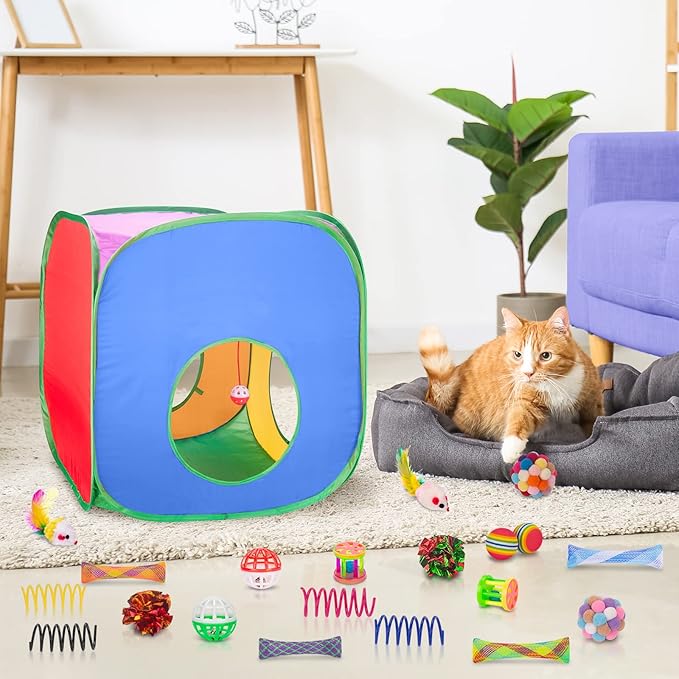 Retro Shaw Cat Toys Set, 33 Pack, Interactive Kitten Toys for Indoor Cats Kitty with Collapsible Cat Tunnel Tube Tent Feather Wand Teaser Bell Fuzzy Pompom Crinkle Ball Springs Mice Toys