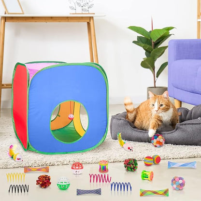 Retro Shaw Cat Toys Set, 33 Pack, Interactive Kitten Toys for Indoor Cats Kitty with Collapsible Cat Tunnel Tube Tent Feather Wand Teaser Bell Fuzzy Pompom Crinkle Ball Springs Mice Toys