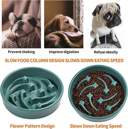 8.26 in Deep Green Ceramic Slow Feeder Dog Bowl for Medium and Large Breed,Pet Feeding Dog Food Water Dish Heavy Weighted,Puppy Bowl for Fast Eaters,Puzzle Slow Eating Dish Modern Maze Meteor
