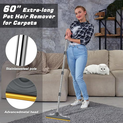 B-Land Carpet Rake for Pet Hair Removal, Reusable Pet Hair Remover with 60” Adjustable Long Handle, Carpet Scraper Dog Cat Hair Remover Tool for Rugs, Mats, Couch, Furniture (Grey)