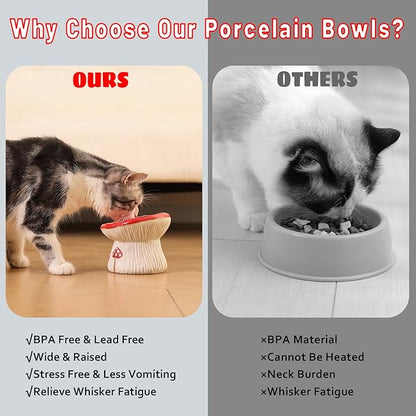 Ceramic Cat Bowl, Cute Red Mushroom Elevated Cat Food Dish, Shallow Raised Feeder, Anti Vomiting, Stress Free, Whisker Fatigue