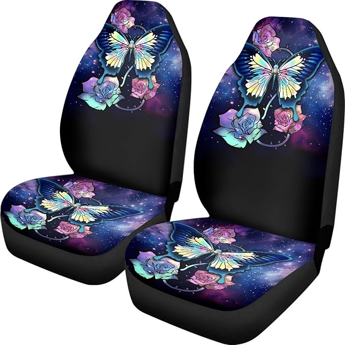 Galaxy Blue Butterfly Print Car Seat Covers for Women,Universal Front Seats Protector Fit for Car,SUV Sedan,Truck,Easy to Install