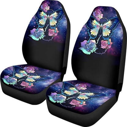 Galaxy Blue Butterfly Print Car Seat Covers for Women,Universal Front Seats Protector Fit for Car,SUV Sedan,Truck,Easy to Install