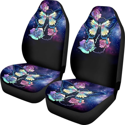 Galaxy Blue Butterfly Print Car Seat Covers for Women,Universal Front Seats Protector Fit for Car,SUV Sedan,Truck,Easy to Install