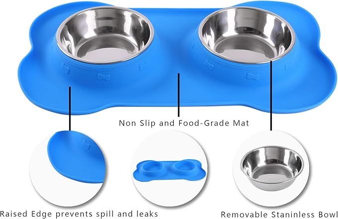 Hubulk Pet Dog Bowls 2 Stainless Steel Dog Bowl with No Spill Non-Skid Silicone Mat + Pet Food Scoop Water and Food Feeder Bowls for Feeding Small Medium Large Dogs Cats Puppies (Large, Blue)