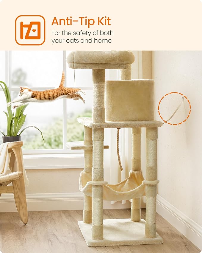 Feandrea Cat Tree, 56.3-Inch Cat Tower, Multi-Level Plush Condo with 11 Scratching Posts, 2 Perches, Hammock, Cave, Beige UPCT15BE
