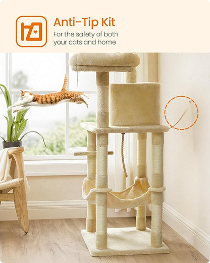 Feandrea Cat Tree, 56.3-Inch Cat Tower, Multi-Level Plush Condo with 11 Scratching Posts, 2 Perches, Hammock, Cave, Beige UPCT15BE