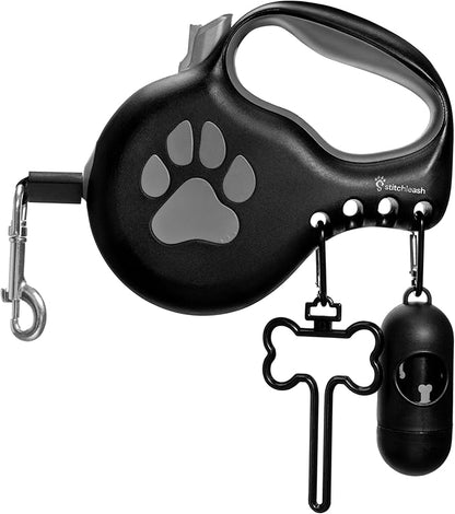 Award-Winning Retractable Dog Leash for Large and Extra Large Dogs (Max 110 lbs) Clip & Go System, Reflective Tape and Ergonomic Handle Includes Clips Poop Bag Holder and Dispenser Black