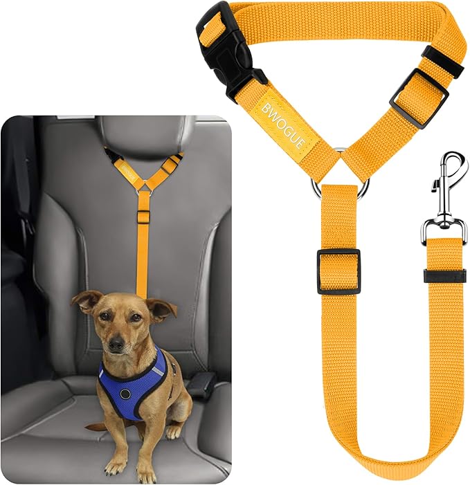 BWOGUE Pet Dog Cat Seat Belts, Car Headrest Restraint Adjustable Safety Leads Vehicle Seatbelt Harness (1 Pack, Yellow, Not Elastic)