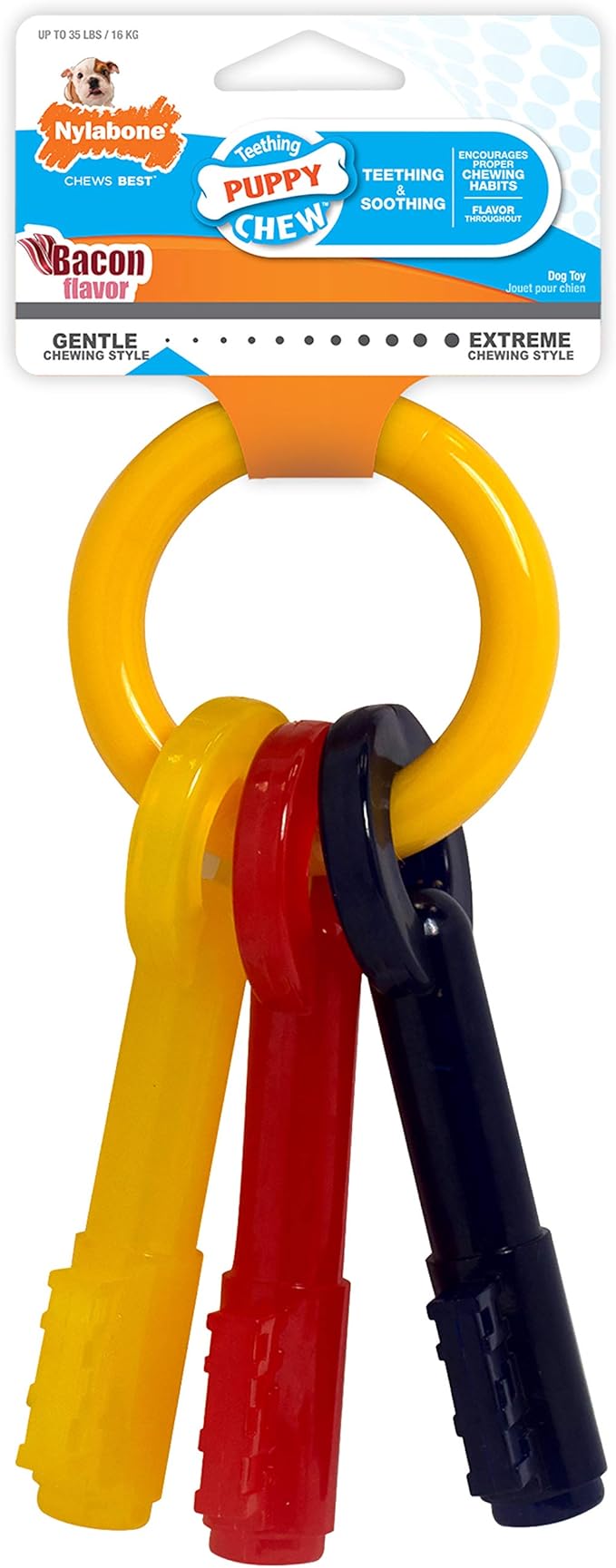 Nylabone Puppy Chew Key Ring Toy, Toys for Teething Puppies, Multi Color, Bacon Flavor, Medium - Up to 35 lbs, 1 Count