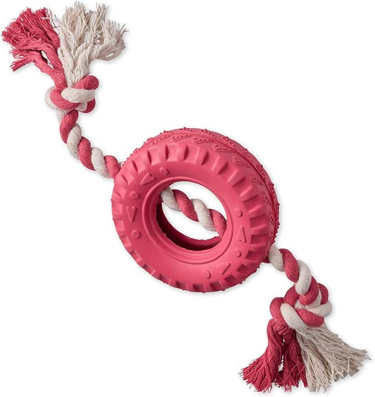 Natural Rubber Tire and Organic Cotton Rope Pull and Chew Dog Toy for All Pet Breeds, Pink, One Size