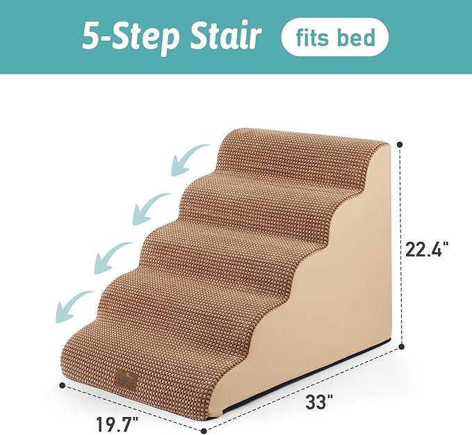 Extra Wide Dog Stairs 19.7" Width, Pet Step for Small/Medium/Large Dog, Puppy or Cat, Pet Ramp for High Bed or Car, High Density Foam Ladder, 19.7x33x22.4 in, Stable, 5 Step, Light Brown