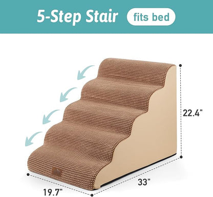 Extra Wide Dog Stairs 19.7" Width, Pet Step for Small/Medium/Large Dog, Puppy or Cat, Pet Ramp for High Bed or Car, High Density Foam Ladder, 19.7x33x22.4 in, Stable, 5 Step, Light Brown