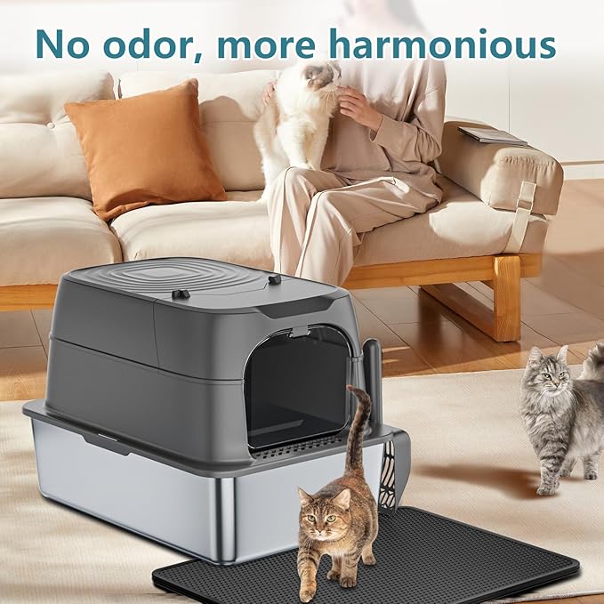 XXXL Jumbo Stainless Steel Litter Box with Lid, 26" L x 18" W x 17" H Extra Large Stainless Steel Litter Box, 400 Count Cat Poop Bags + Cat Litter Mat,Non-Sticky, Anti-Leakage, Easy to Clean