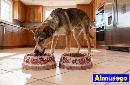 Aimusego 25 FL OZ / 3.2 Cups Handpainted Ceramic Dog Bowl, Purple and White Chinoiserie Floral Vintage Cute Heavy Duty Non-Slip Pet Feeding Dish for Medium Dogs-Dishwasher, Microwave Safe