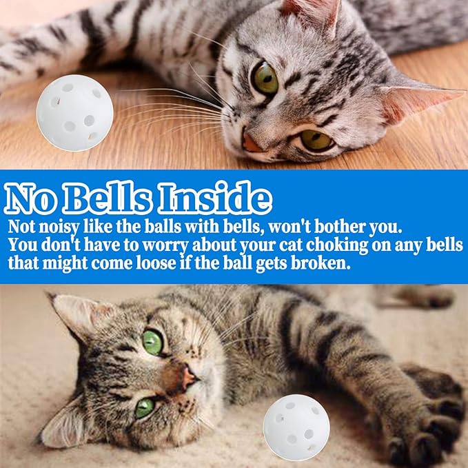 Low Noise No Bells Cat Ball Toy, 12Pcs White Plastic Golf Balls with Holes, Funny Interactive Cat Toys for Bored Indoor Cats,Cute Kitten Kitty Toys(1.65")