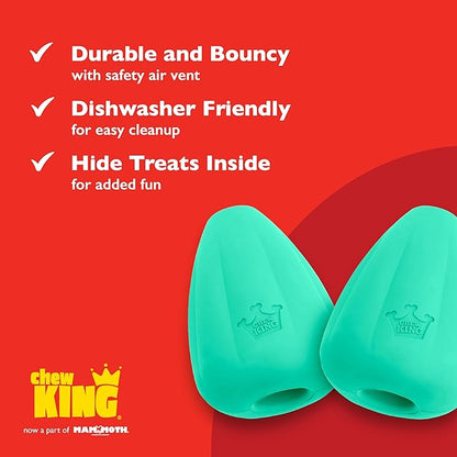 Chew King by Mammoth Premium Treat Dispensing Dog Toy, Durable Natural Rubber Chew Toy, Safety Air Vent, Interactive Enrichment Toy for Aggressive Chewers, Medium Pack of 2- Teal