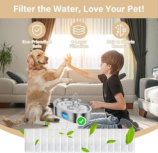 16 Pack Replacement Filters Compatible with 3.4Gal Dog Water Fountain, 6 Month Set for Large Dogs Water Bowl Dispenser, Includes 16 Filters & 16 Sponges