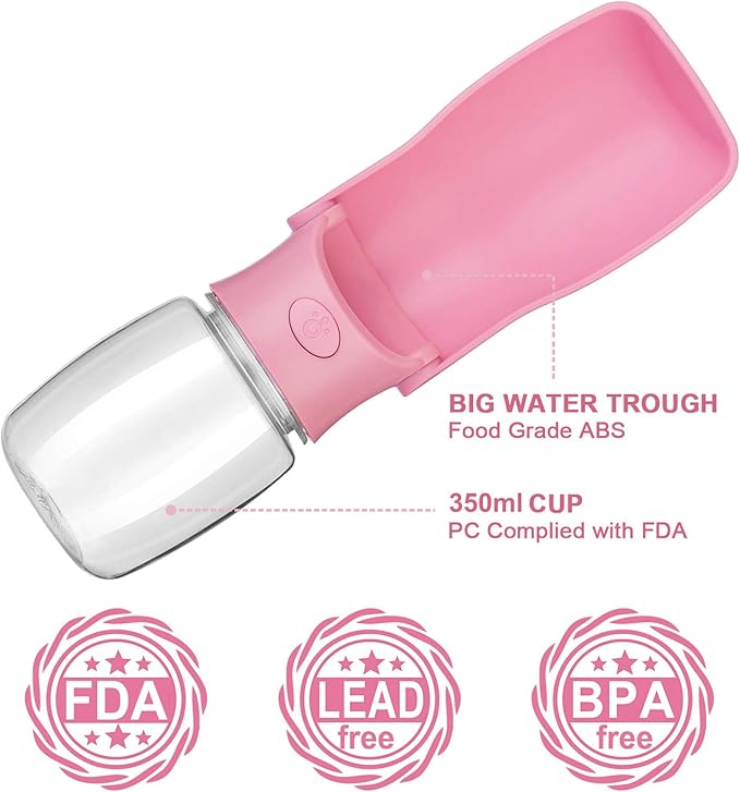 Foldable Dog Water Bottle, 2in1 Portable Leak Proof Puppy Drinking Bottle Dispenser for Puppy Small Medium Large Dogs, Dishwasher Safe Pet Accessories for Outdoor Traveling (Pink,12oz)