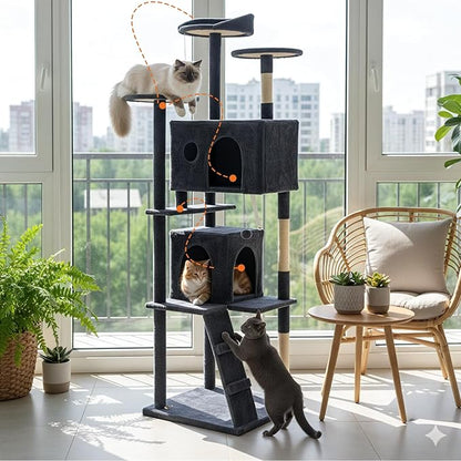 DUMOS 70-inch Indoor Cat Tree Tower –Multi-Level Pet House for Large Cats with 2 Condos, Scratching Posts, Round Platform, Small Ladder, and Toys, Grey