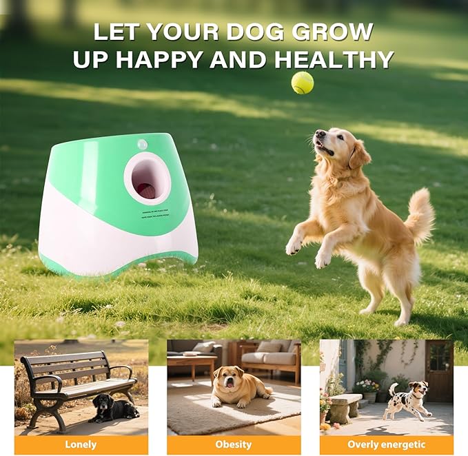 FAHKNS Automatic Dog Ball Launcher for Small Dogs, Indoor/Outdoor Interactive Dog Toy,USB Rechargeable Ball Thrower,10-30 Ft,Includes 15 Mini Tennis Balls,Green