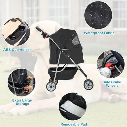 BestPet 3 Wheels Pet Dog Stroller Cat Cage Jogger Stroller Cats Travel Folding Carrier Waterproof with Cup Holder & Removable Liner,Black