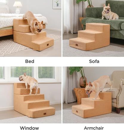Made4Pets Dog Steps for Bed, Extra Wide Dog Stairs for High Bed Couch Sofa, 35D Foam Pet Steps for Small Dogs and Cats(Up to 40lbs), Non-Slip Bottom Pet Stairs, Tan, 4 Steps