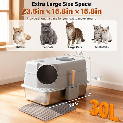 Stainless Steel Cat Litter Box with Lid,3IN1 Metal Litter Box High Sides for Big/Multiple Cats,Indoor,1-Mat and 1-Scoop,Easy to Clean, No Odor,Anti-Urine Leakage