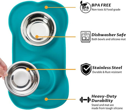 Hubulk Pet Dog Bowls 2 Stainless Steel Dog Bowl with No Spill Non-Skid Silicone Mat + Pet Food Scoop Water and Food Feeder Bowls for Feeding Small Medium Large Dogs Cats Puppies (Medium, Green)