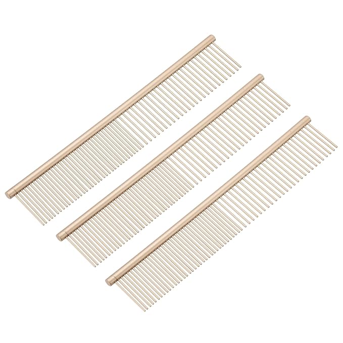 Dog Cat Comb, Pet Combs Stainless Steel Teeth with Rounded Ends for Knots Mats Loose Hair Removal, 7.5IN (Gold Coated, 3 Pack), Grooming Tool Intended for Long Curly Hair Pet