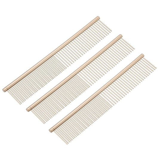 Dog Cat Comb, Pet Combs Stainless Steel Teeth with Rounded Ends for Knots Mats Loose Hair Removal, 7.5IN (Gold Coated, 3 Pack), Grooming Tool Intended for Long Curly Hair Pet