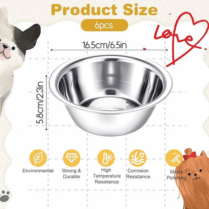 6 Pcs Stainless Steel Dog Bowl 6.5 Inch Metal Dog Bowls Food Water Container Dishwasher Thickened Puppy Food Bowls Safe Metal Plate Pet Bowl for for Small Medium Large Dogs Cats