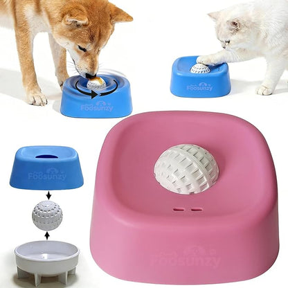 Slow Feeder Dog Bowls for Liquid with Rolling Ball, Interactive Lick Bowl Licking Slow Feeder for Wet Food, Water & Treats Lick Toy for Dogs Cats Large Medium Small (Pink)