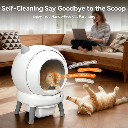 Automatic Cat Litter Box - E2 Self Cleaning Litter Box Smart Robot for Multiple Cats, APP Real-Time Monitor, Weight Monitoring, Safe Anti-Pinch Liners and Mat Included（White）