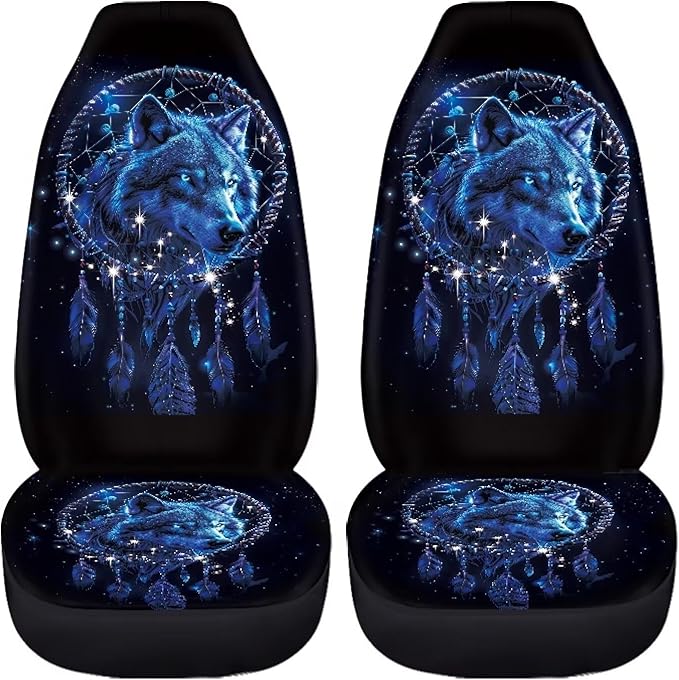 Car Seat Covers Set of 2, Wolf Dream Catcher Print Universal Auto Front Seat Protector Vehicle Seat Cushion Cover for Women Decorative Car Accessories Fit for Car SUV Truck