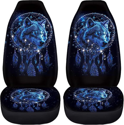 Car Seat Covers Set of 2, Wolf Dream Catcher Print Universal Auto Front Seat Protector Vehicle Seat Cushion Cover for Women Decorative Car Accessories Fit for Car SUV Truck