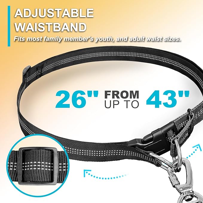 Hands Free Dog Leash, Adjustable Waist Leash for Dog, Handle Bungee 4.2-6.7 Feet Long with Reflective Stitches for Walking Hiking Running, Fits 26"- 43" Waist, Black & Blue