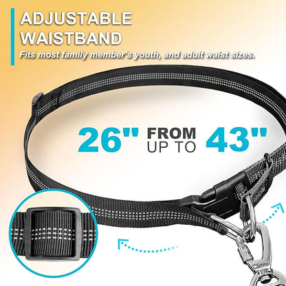Hands Free Dog Leash, Adjustable Waist Leash for Dog, Handle Bungee 4.2-6.7 Feet Long with Reflective Stitches for Walking Hiking Running, Fits 26"- 43" Waist, Black & Blue