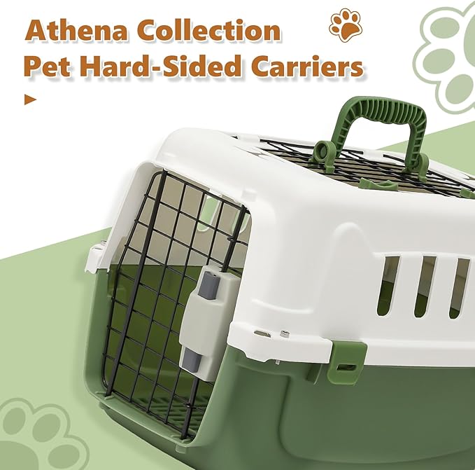 Athena Collection 18" Hard-Sided Travel Pet Carrier for Small Dogs and Cats, Plastic Dog Carriers with 2-Door Top & Front Load, Ventilation, Security Lock, Cat Dog Carrier for Pet, up to 10lbs, Green