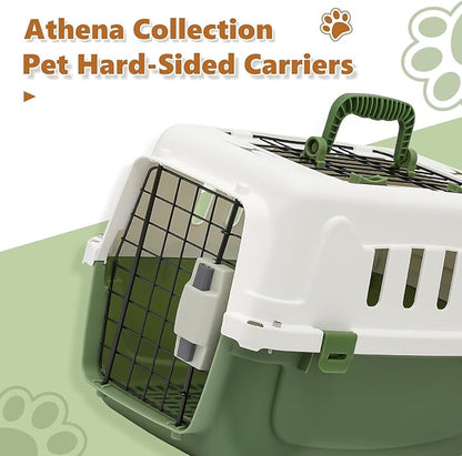 Athena Collection 18" Hard-Sided Travel Pet Carrier for Small Dogs and Cats, Plastic Dog Carriers with 2-Door Top & Front Load, Ventilation, Security Lock, Cat Dog Carrier for Pet, up to 10lbs, Green