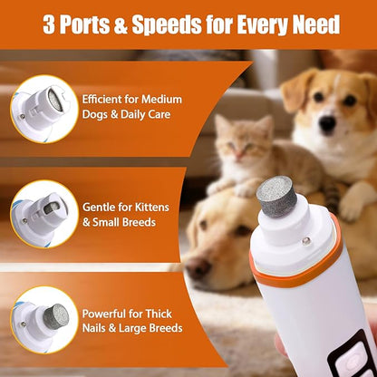 2026 Upgraded Dog Nail Grinder Quiet with LED Light & Low Noise - 3-Speed, 3-Port Professional Dog Nail Trimmer Dogs & Cats, Cordless & Rechargeable