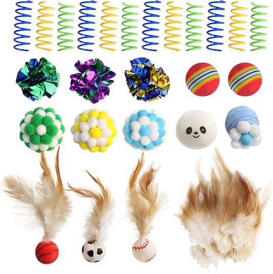 Cat Toys for Indoor Cats, a Set of 25 Interactive cat Toys, Including Colorful Springs, Squeaky Balls, Rainbow Balls, Feather Bouncy Balls, Bell Balls, and Many Other Kitten Toys.