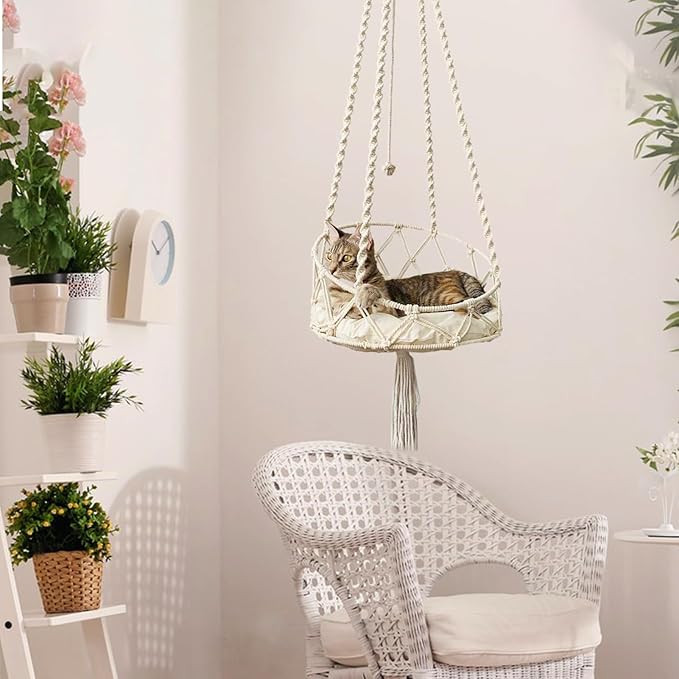 Cat Hammock, Handmade Woven Tassel Hanging Pet Bed for Kitten & Puppy, Pastoral Style Cats Swing Hammock with Cotton Mat for Palying Sleeping Lounging, 40cm