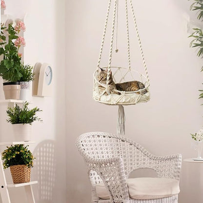 Cat Hammock, Handmade Woven Tassel Hanging Pet Bed for Kitten & Puppy, Pastoral Style Cats Swing Hammock with Cotton Mat for Palying Sleeping Lounging, 40cm