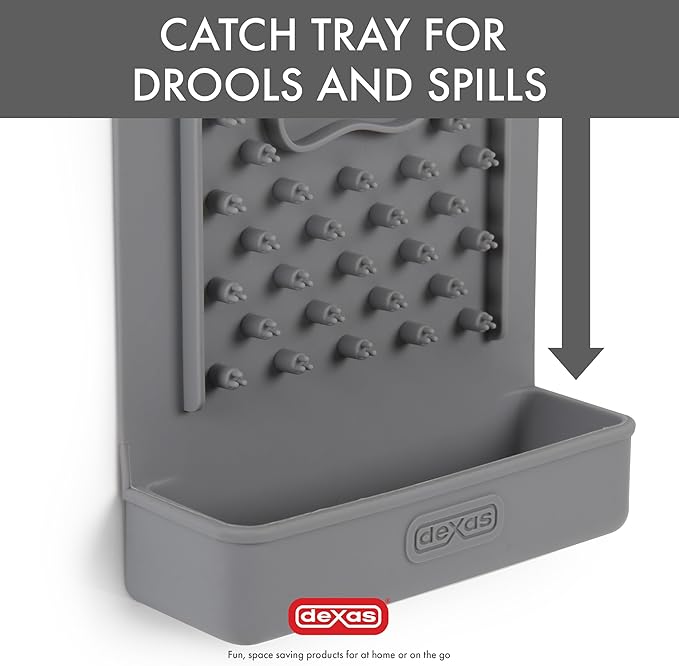 Dexas Snack & Distract Licking Mat with Catch Tray for Dogs and Cats-5"x 9", Light Gray. Sticks to Most Slick or Smooth Surfaces. Eases Anxiety, Prevents Boredom, Entertains and Distracts.