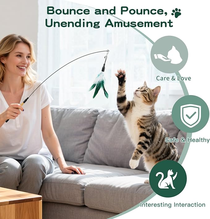 Pawaboo Feather Teaser Cat Toy, Interactive Feather Wand Cat Toy Flying Feather Cat Catcher with Extra Long 34.5" Wand and Small Bell, Fun Exerciser Playing Toy for Kitten or cat, White & Green