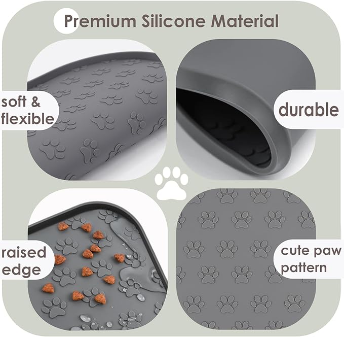 Pet Feeding Mat, Waterproof Anti-Slip Placemats for Dog Cat Bowl Silicone Pet Food Mat, Raised Edge Prevent Spills on Floor & Carpet, Dishwasher Safe (Beige, 11" x 11")