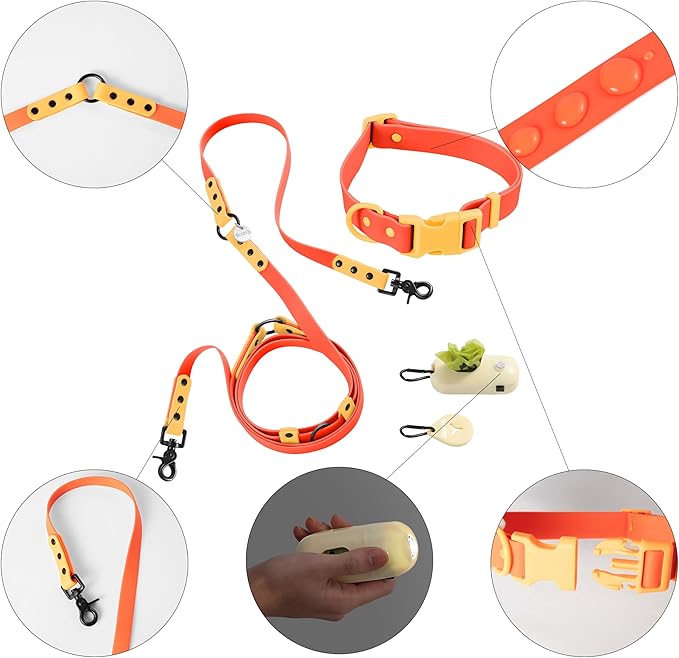 WLK1006A-5SET Luna Large 8FT Adjustable 6-in-1 Waterproof Hands-Free Leash and Collar with LED Flashlight, Bag Dispenser, and Poop Bag Holder, Aperol